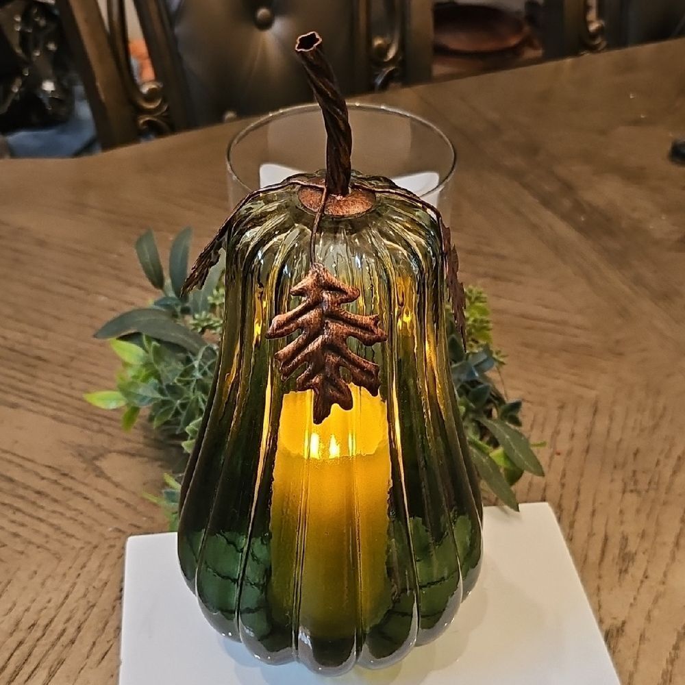 Green Glass Pumpkin Candle Holder
